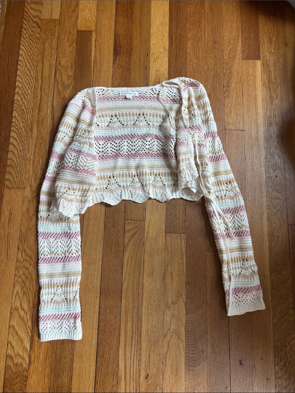 Aeropostale Open-Knit Ivory Sweater with Pink & Yellow Stripes
